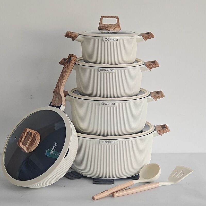 Donnor Aya 15-Piece Non-Stick Pot Set, Made of Cast Aluminum with Marble Coating, Suitable for Open Flame Use