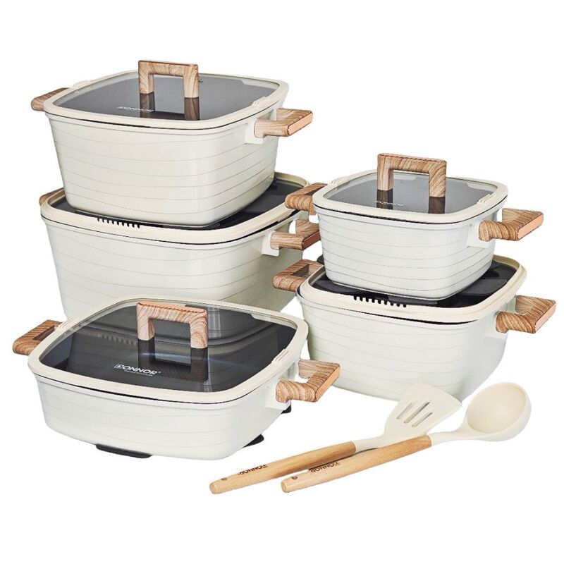 Donnor Kairui Square Soup Pot Blue Diamond Non-Stick 15-Piece Set with Bakelite Gold-Plated Handle Export Coated Bottom Cookware Set