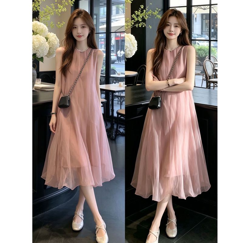 Korean Style Beautiful Pink Sleeveless Dress for Women, Summer Light Luxury Solid Color Unique and Beautiful Vacation Style Tank Top Long Dress Korean Style Beautiful Pink Sleeveless Dress for Women, Summer Light Luxury Solid Color Unique and Beautiful Vacation Style Tank Top Long Dress