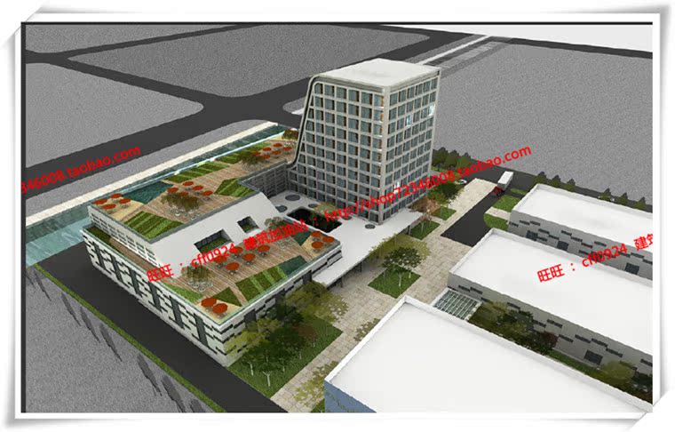 JZ092办公园区2种方案设计办公区厂房SU模型+cad总图+效果图-1