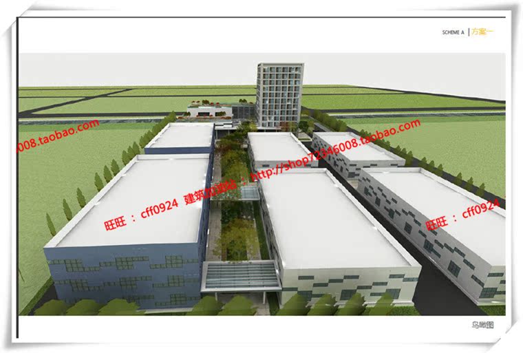 JZ092办公园区2种方案设计办公区厂房SU模型+cad总图+效果图-4