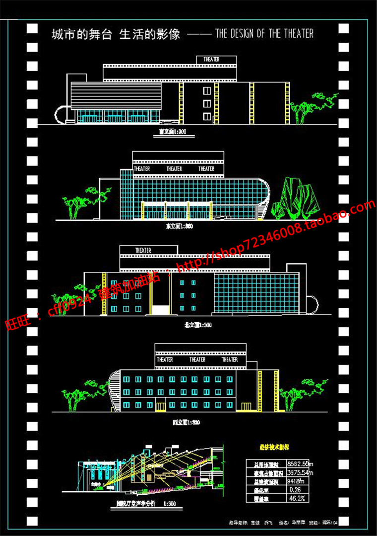 NO01062影视文化中心影剧院设计cad图纸平立剖总图效果图展板-6