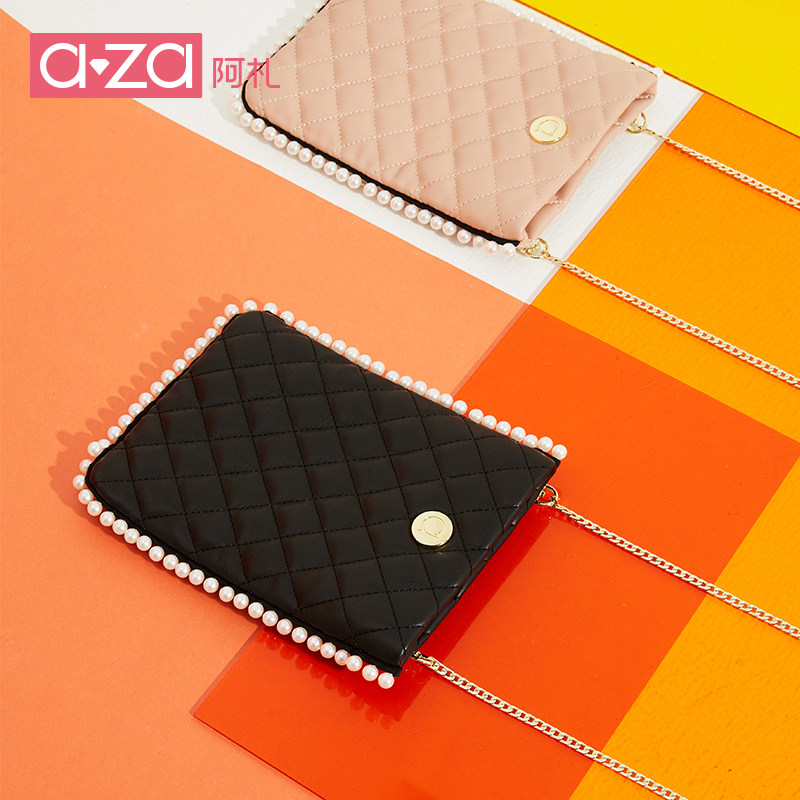 aza small square bag one-shoulder all-match ins Messenger bag design sense pearl clutch bag lightweight rhombus pattern mobile phone bag female