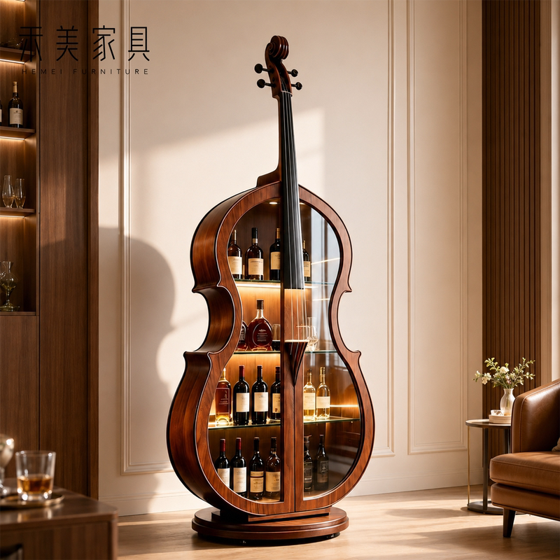 Modern Minimalist North American Black Walnut Cello Wine Cabinet, Luxury Villa Living Room Custom-Made Liquor Display Cabinet