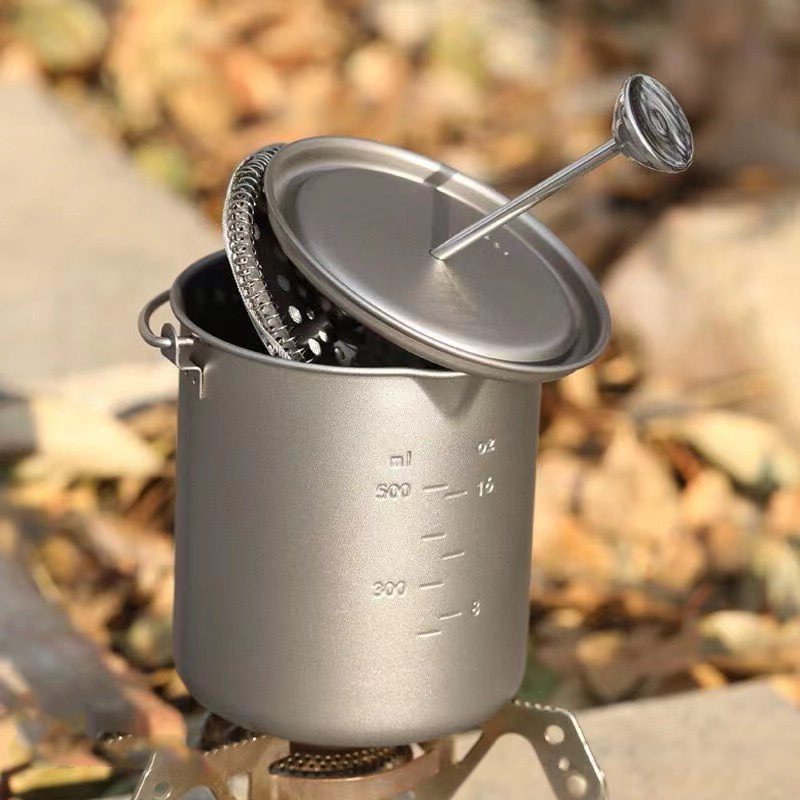 Titanium Alloy French Press Coffee Pot, Outdoor Camping Coffee Cup, Foldable Wide-Mouth Tea Brewing Portable Office Travel Exquisite Cup