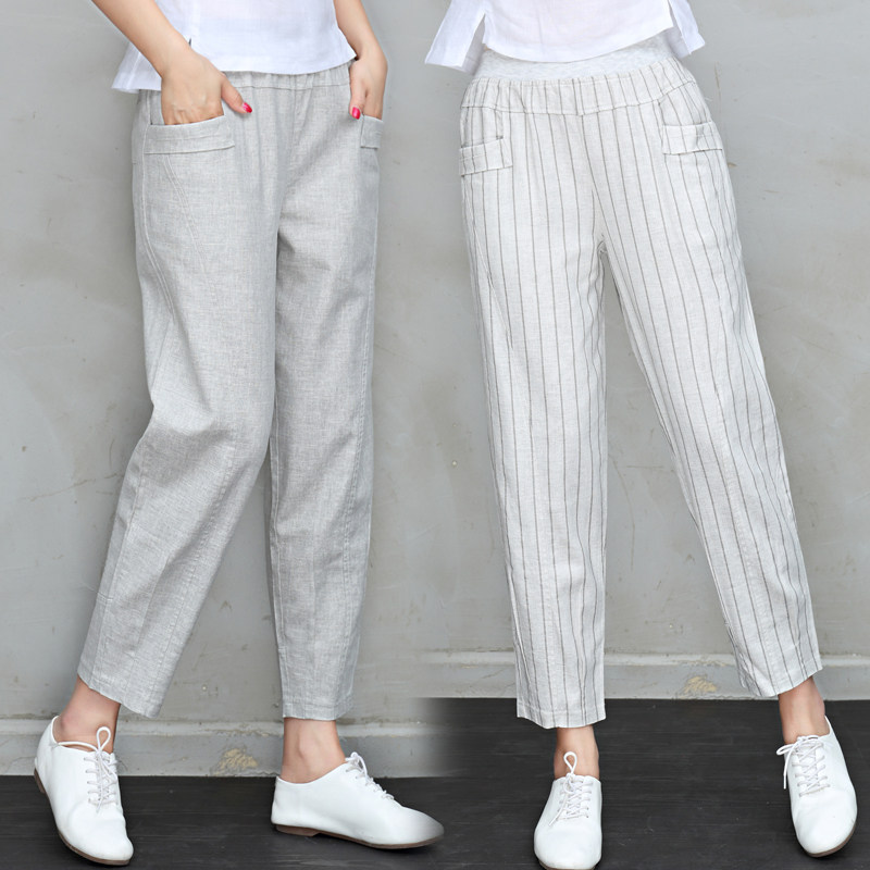 White Cotton Linen Pants Woman Pants 2022 Summer Thin Loose 90% Pants Linen Striped Casual Robe Kharen Pants
