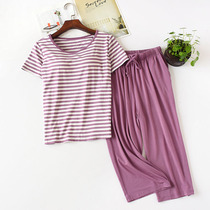 Pajamas with Chest Padded Bra Women Summer Modal Thin Size Striped Short Sleeve Capri pants Home Clothes Set