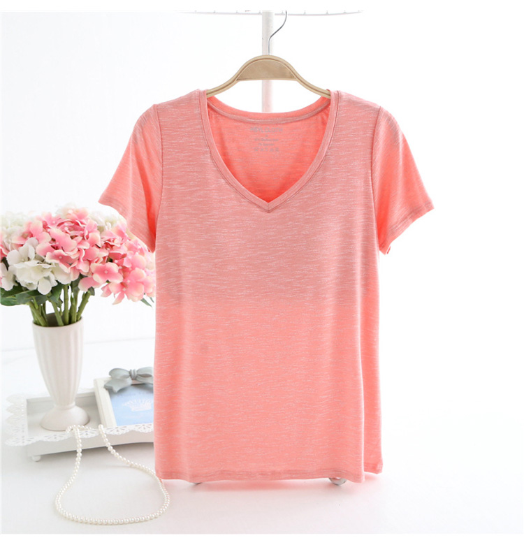 Với ngực pad miễn phí áo ngực ngắn tay T-Shirt nữ mùa hè phần mỏng cotton tre bông đồ ngủ nhà dịch vụ đáy áo loose