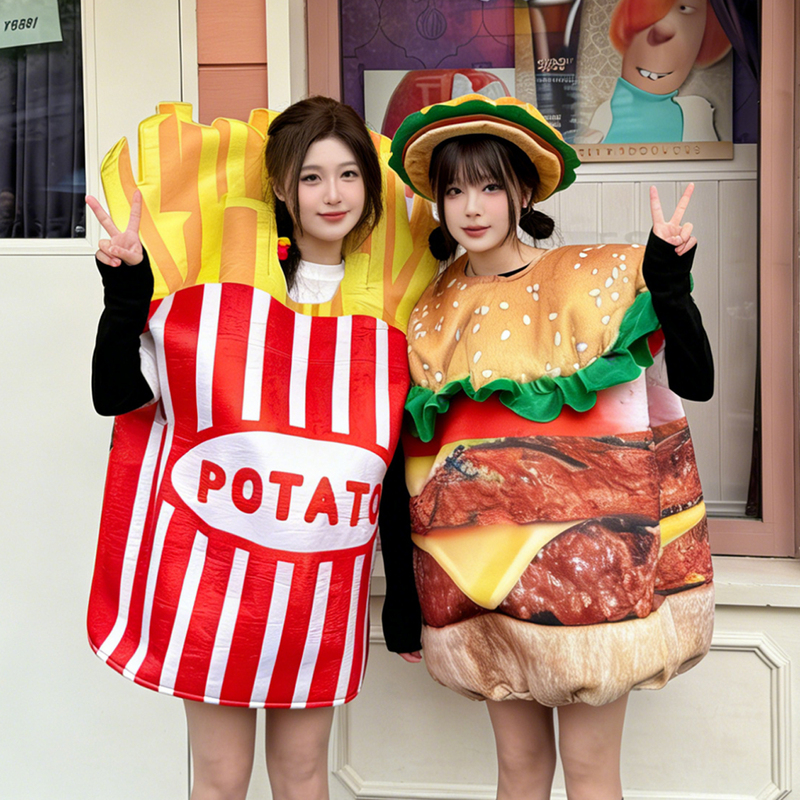 Halloween Cosplay Costumes for Couples and Best Friends, Hamburger, Fries, Hot Dog, Toast, Pizza, Tomato Food Costumes for Adults
