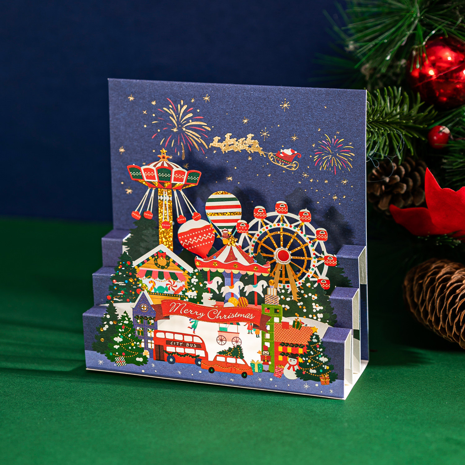 byears white night preferred Christmas cartoon amusement park stereo greeting cards with creative bronzed New Year's cards