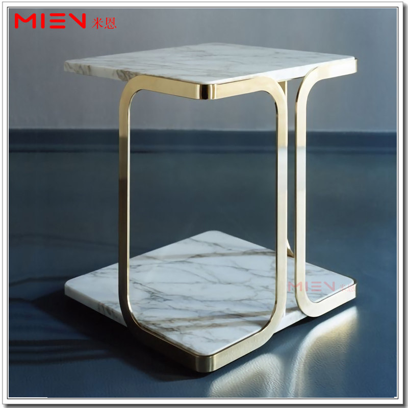 Nordic light and luxurious living room sofa edge a few square double layer fine white marble removable to contain stainless steel side table