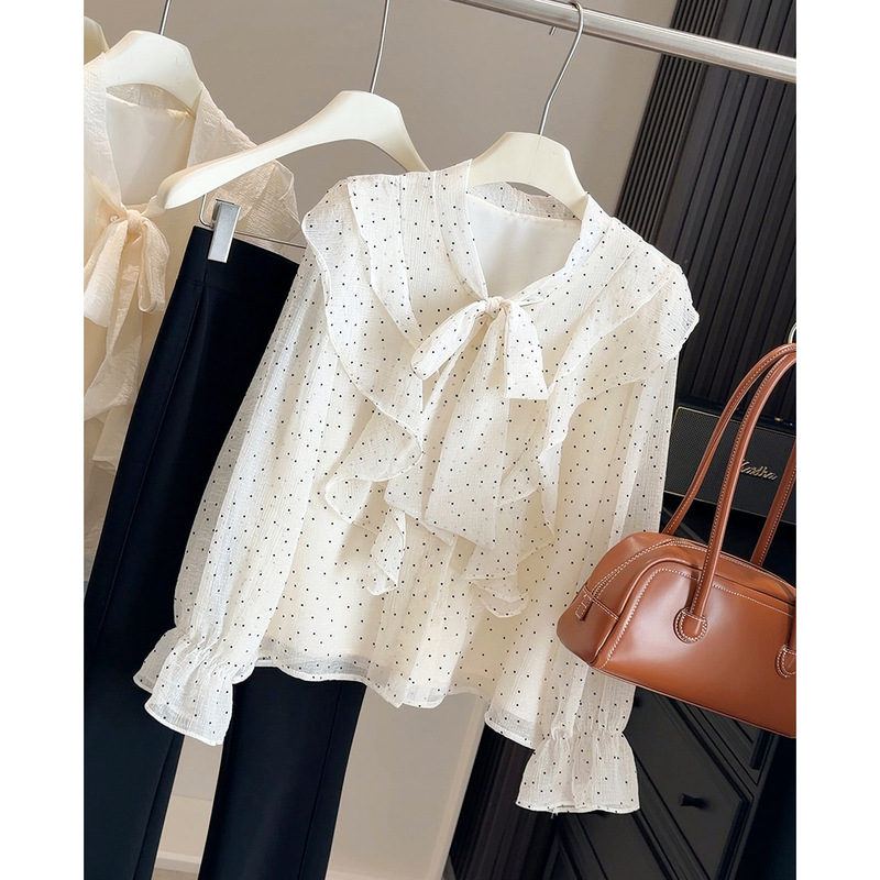 Sweet, Age-Reducing, Stylish Polka-Dot Heart Ruffle Shirt for Women, 2026 Spring New Style, Elegant and Unique Long-Sleeved Top