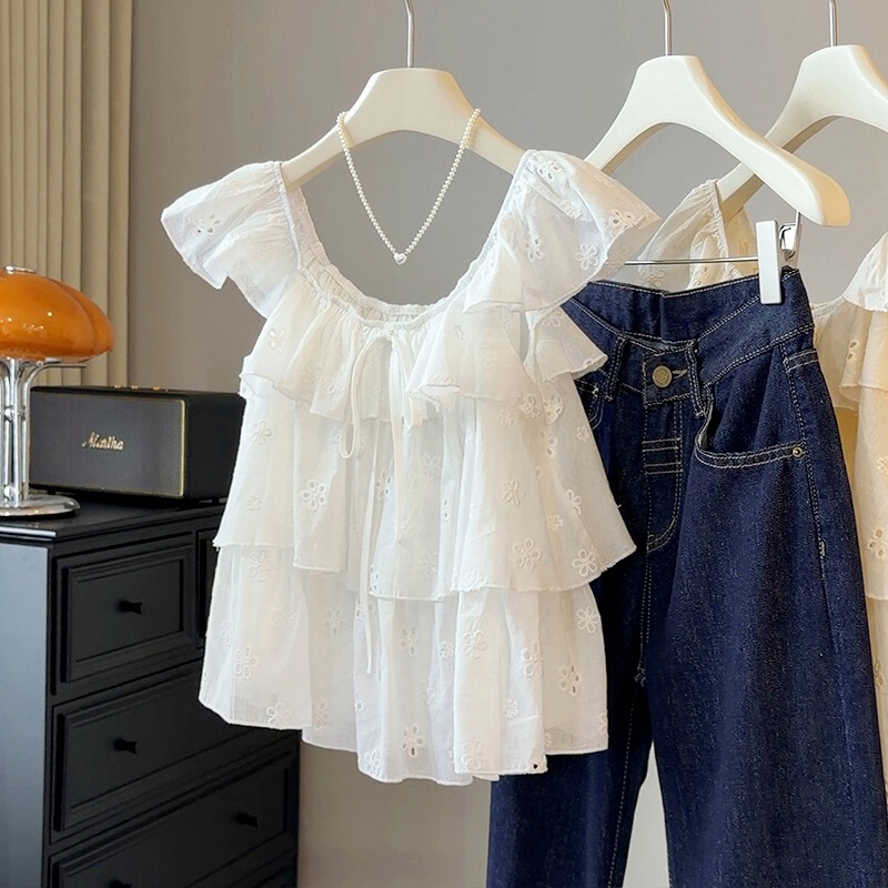 Korean Style Sweet Ruffled Short-Sleeved Shirt for Women, New Summer Style, Layered, Age-Reducing, Versatile Sleeveless Babydoll Top