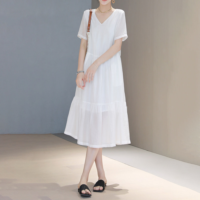 Sandro Svpr white dress woman 2022 Summer new V neckline with long version of lotus leaf side snowspun dress