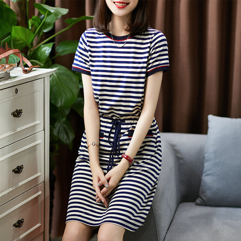Sandro Svpr dress women 2021 summer new French retro round neck short sleeve small straight skirt