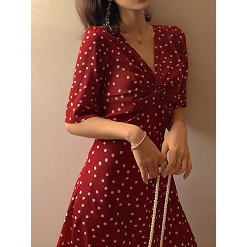 Sandro Svpr red dress women 2021 summer new French waist thin temperament V-neck skirt