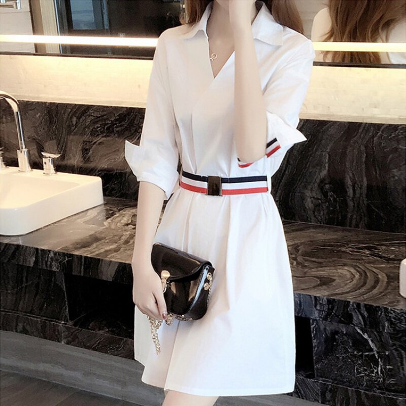 White shirt dress women's 2022 spring new small high-end sense waist slim temperament mid-length version