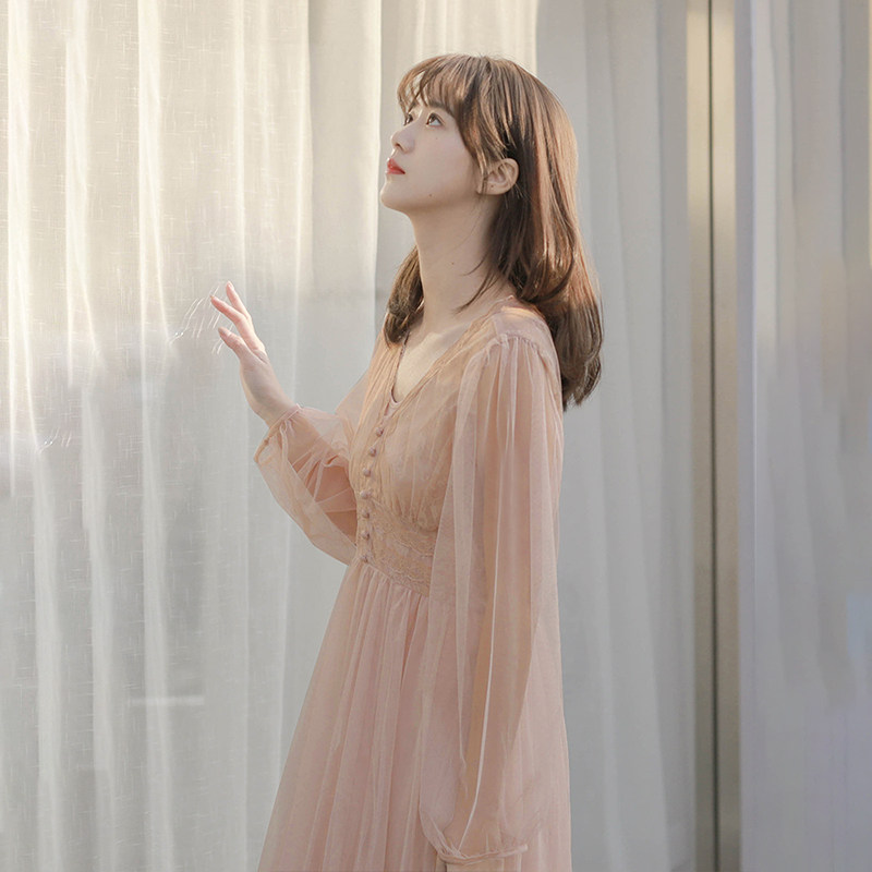 Sandro Svpr Lace Ocean Dress Women 2022 Spring new sweet and long sleeves Long version V collar A word dress