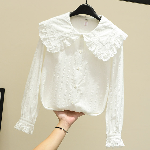 Pure cotton white shirt for women 2023 spring new style small fresh big lapel doll collar loose shirt lace top