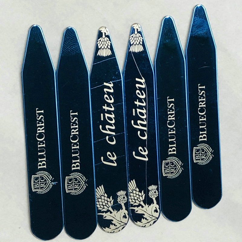 ゴールド、シルバー、ブルー、ローズカラーのステンレススチール製カラーコーナーピースカラーサポートカラーインサート 63MM ロゴ付きシャツカラーコーナーシェイピングインサート