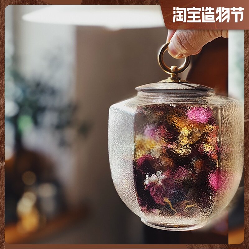 Life original Japanese retro wooden cover glass storage tank Tea can storage sealed tank Hammer mesh pattern copper ring handle