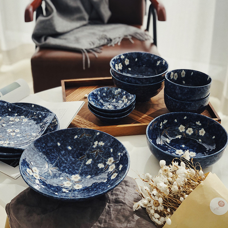 Life originally Japanese imported cutlery Meinesy Glaze Color Hand-painted Snowflake Glazed Plate Day Rice Bowls of Blister Noodles Bowl