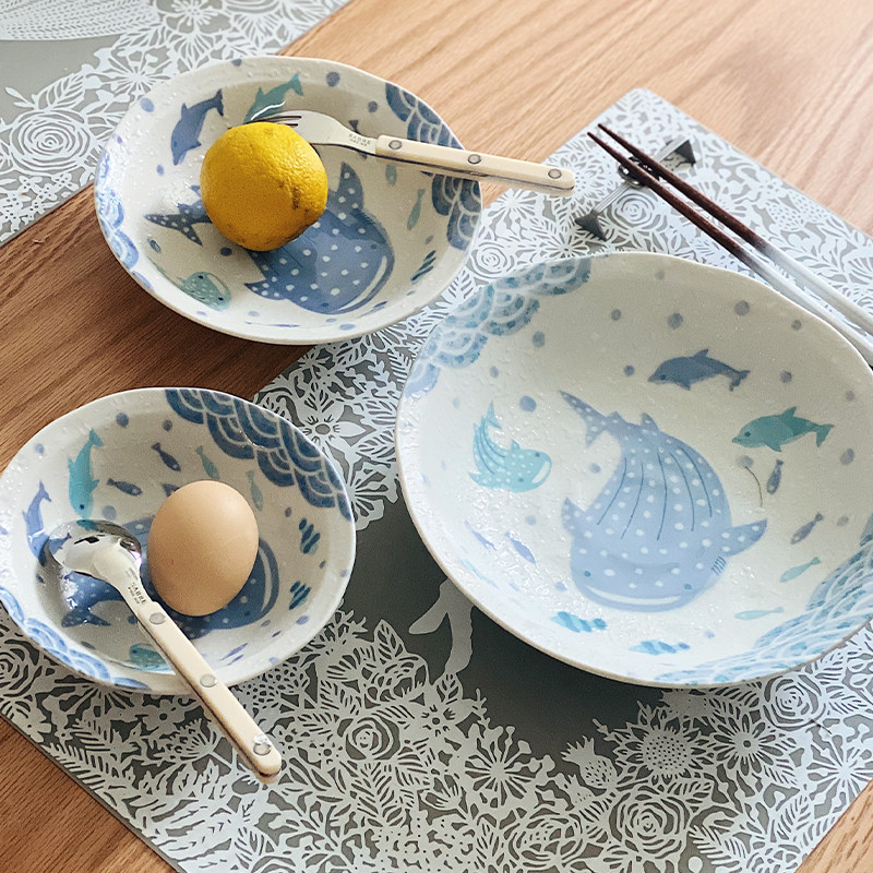 Life was originally made in Japan Shemi blue ocean story ceramic bowls and dishes three-piece combination Mino burnt gift set
