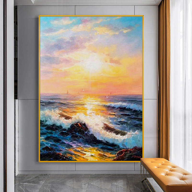 Steam-steaming days Hand-painted Oil Painting Sea Level Sunrise Xuanguan Hung Painting Modern Living Room Scenery Light And Luxurious Decoration Painting