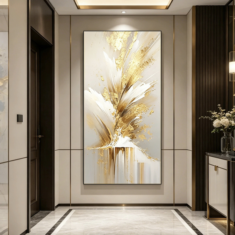 Hand-Painted Light Luxury Gold Foil Entrance Decoration Painting, Abstract Art Oil Painting, Vertical Wall Art for the Entrance
