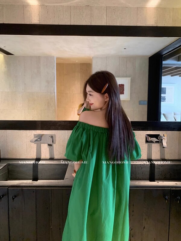One-Shoulder Green Dress, Long Dress, Off-Shoulder, Sweet and Sexy, Niche Design Dress, Summer New Island Dress