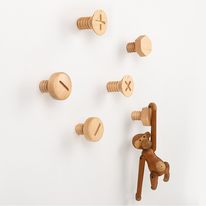 Nordic solid wood hooks Sticky Hook Log Children Cloak Hook Creative Hanger Big Number Small screw hanging clothes hook