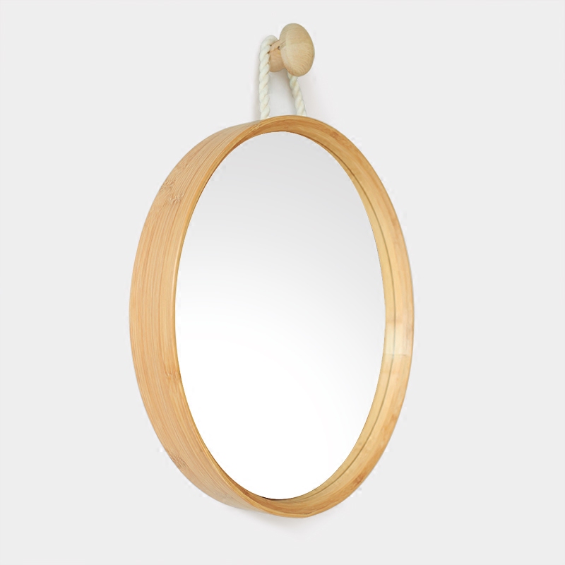 Solid Wood Bathroom Mirror Makeup Mirror Round Mirror Washroom Washout Dresser Dresser Round Mirror Bamboo Round Mirror Hanging Wall Style-Taobao