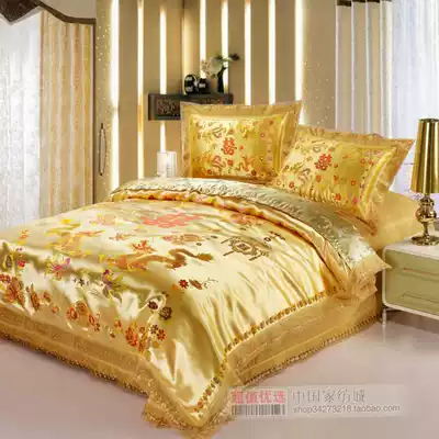 Wedding bed set Dragon and phoenix Baizi figure four-piece set of big red silk satin wedding quilt cover Home textile bedding gold