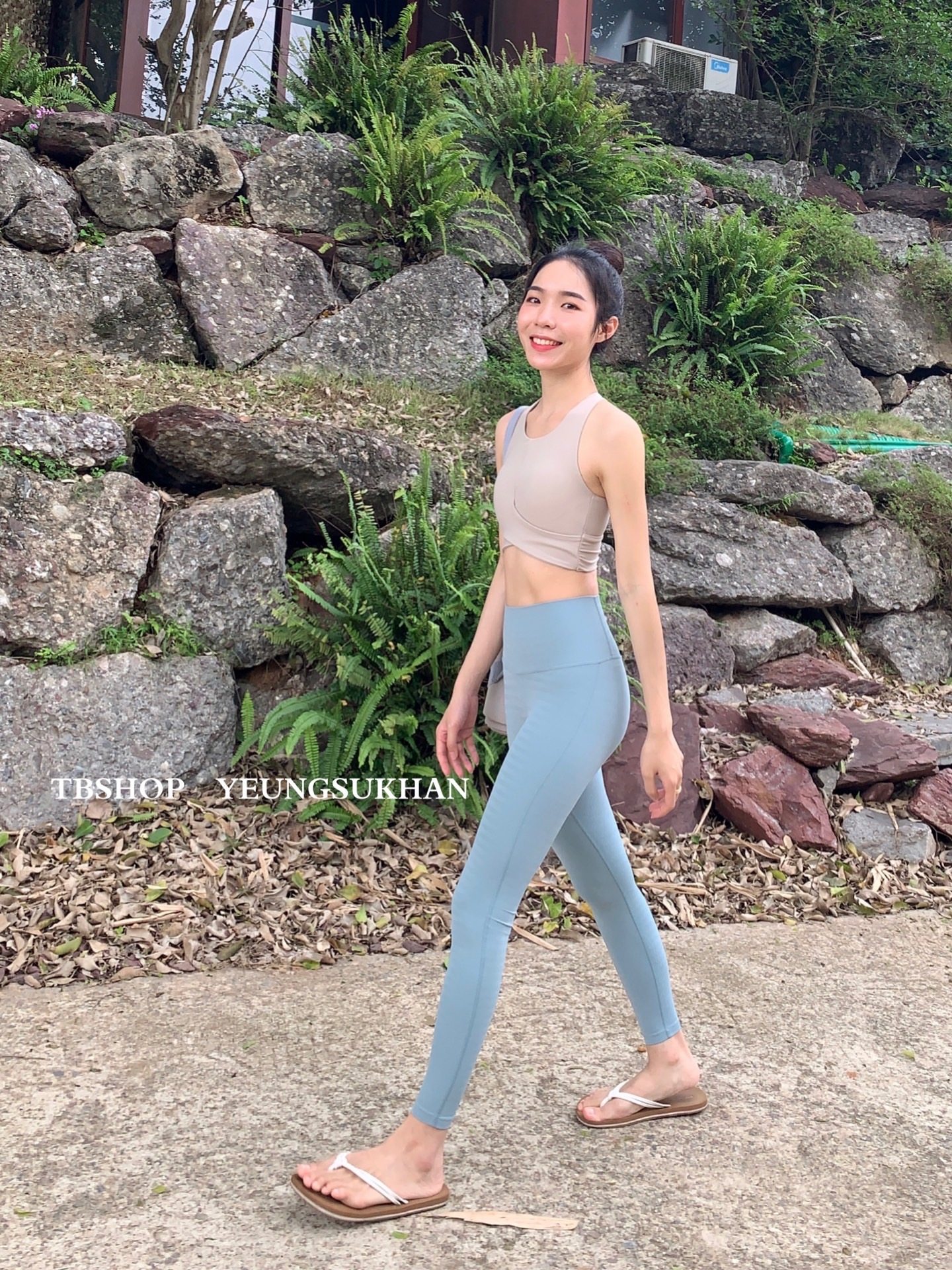 YEUNGSUKHAN HEALING ENSEMBLE BLUE * NEW DARK TEXTURED JACQUARD 90% PANTS NO AWKWARD THREAD HIGH WAIST YOGA FITNESS