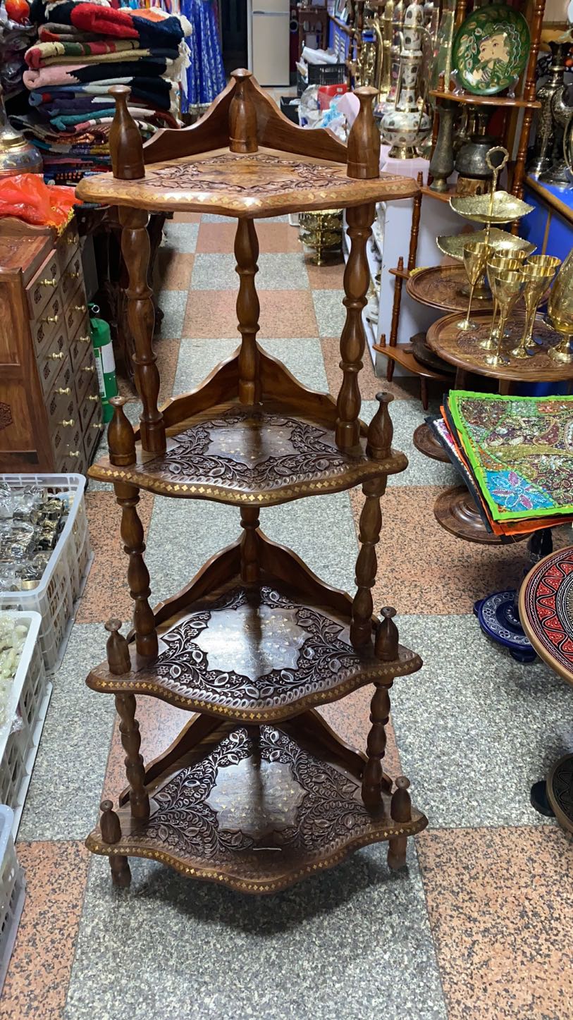 Pakistani handmade four-layer wooden carving inlaid copper flower living room handicrafts solid wood display storage shelf