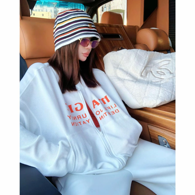 Casual Fashion Suit for Women, Autumn 2026 New Style, Waffle Texture Zipper Jacket + Wide-Leg Pants Two-Piece Set