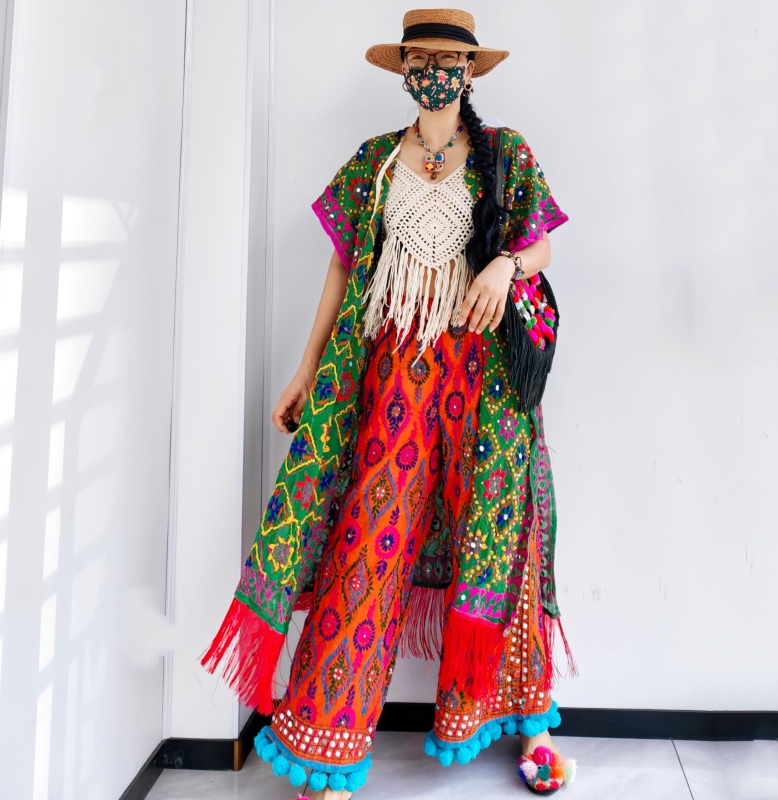 Thai Ethnic Style Hand-Embroidered Indian Saree Tassel Extra-Long Cardigan Sun Protection Shirt