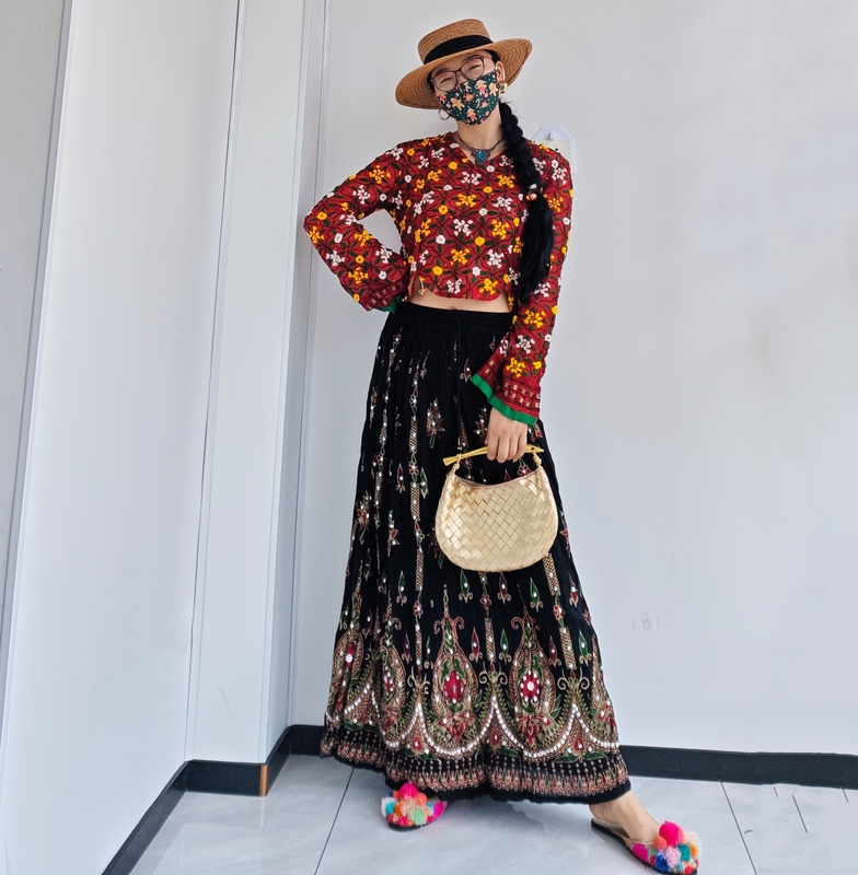Thai Ethnic Style Hand-Embroidered Sequin Indian Saree Embroidered Bell-Sleeve Short Top Shirt Sun Protection Cover-Up