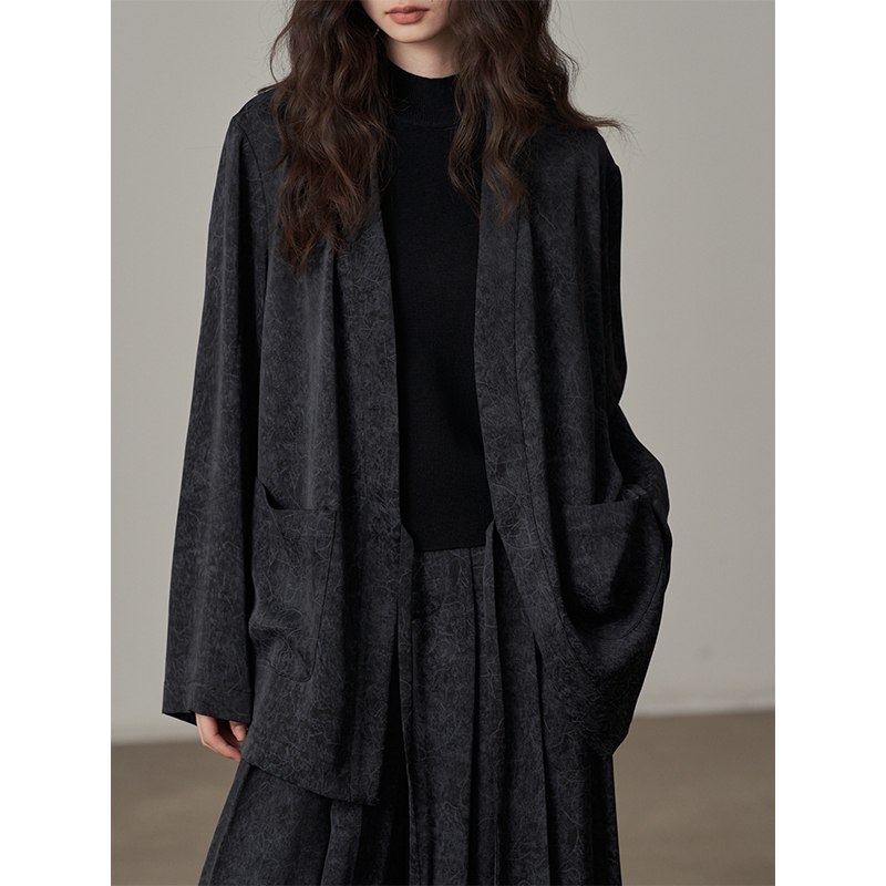 New Chinese Style Distressed Cracked Black Loose Coat Long-Sleeve Casual Versatile Top with Tie-Up Cardigan for Autumn New Chinese Style Distressed Cracked Black Loose Coat Long-Sleeve Casual Versatile Top with Tie-Up Cardigan for Autumn