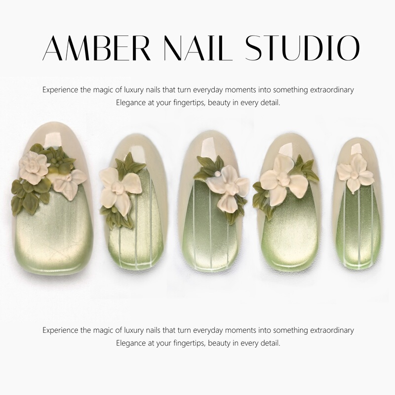 【Amber】The Wizard of oz Oil Painting Style Spring Mint Green Cat Eye Floral Elegant Forest Fresh Press-On Nails