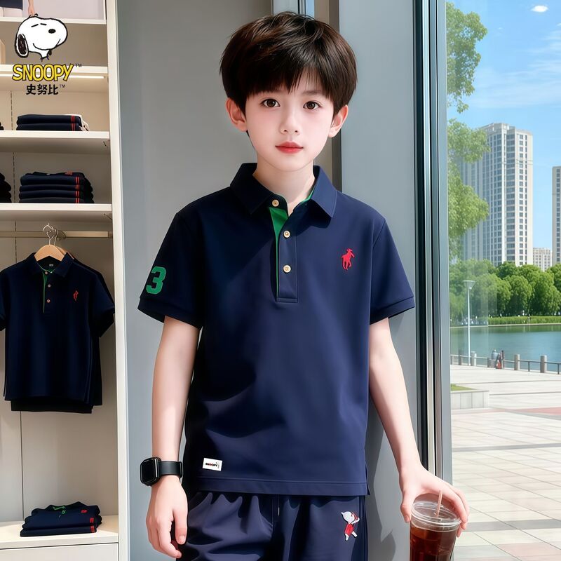 Snoopy Boys' Short-Sleeved T-Shirt Set Summer Big Kids Pure Cotton Sports Polo Shirt Children's T-Shirt Top Snoopy Boys' Short-Sleeved T-Shirt Set Summer Big Kids Pure Cotton Sports Polo Shirt Children's T-Shirt Top