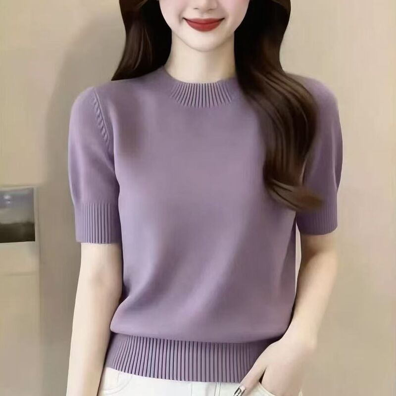 Thin Knit Sweater for Women, Short-Sleeved, 2026 Summer New Style, Women's T-Shirt, Korean Style Sweater, Early Autumn Base Layer Top