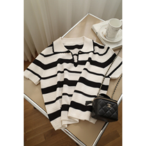 susanpicks black and white contrast striped crochet polo collar linen knitted short-sleeved top