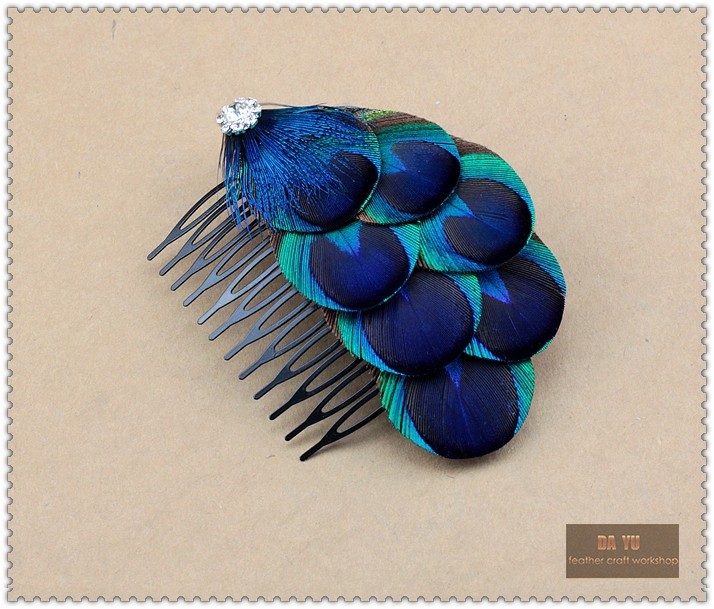DY Original Classic Peacock Feather Ornament Ethnic Style Hair Comb/Hairpin for Brides, Wide-Brow Hairpin