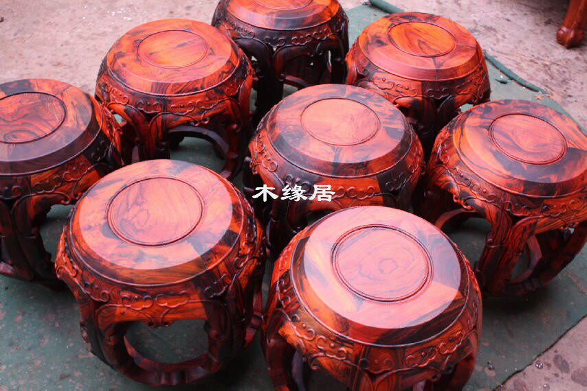 Lao Great Red Acid Branches Wood Thick Material Ruyi Round Drum Stool Practical Drum Mound Sit and Toe Yellow Sandalwood