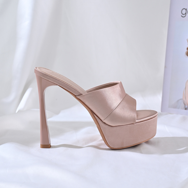Satin High Heels 14cm High, Open-Toe, Stiletto, Waterproof Platform, Summer Thick-Soled 2026 New Style, Single Strap