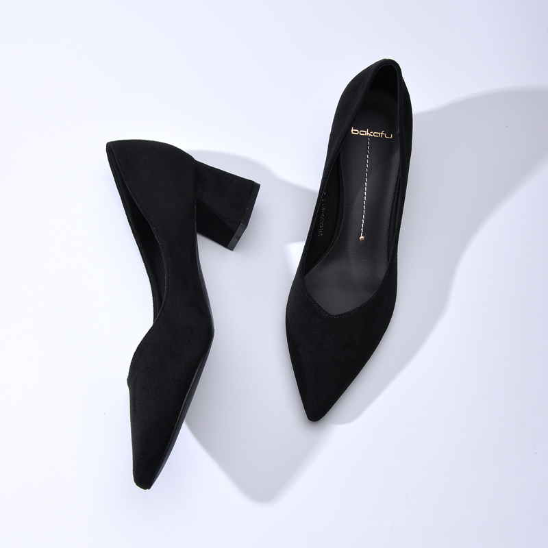 V-Mouth Professional Black High-Heeled Shoes for Women, Chunky Heel 5cm, Soft Leather, Women's Suede Pointed Toe Velvet Single Shoes, 3cm Work Shoes
