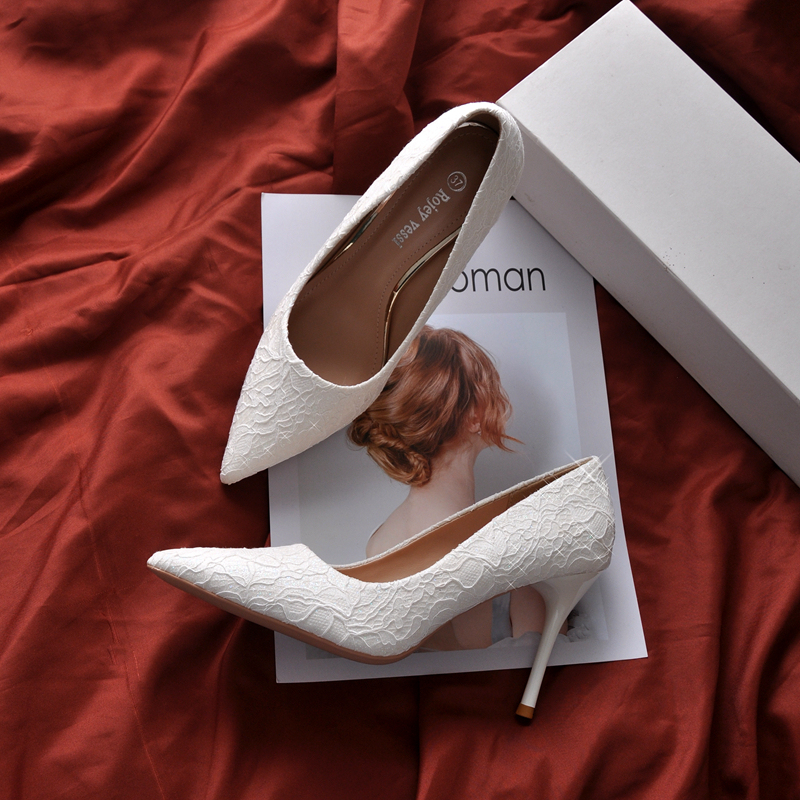 White High Heels for Women, Stiletto Heels, 2026 New Style, Suitable for Wedding Dresses, Bridesmaids, Lace Wedding Shoes, Women's Single Shoes, Evening Dresses, Banquets