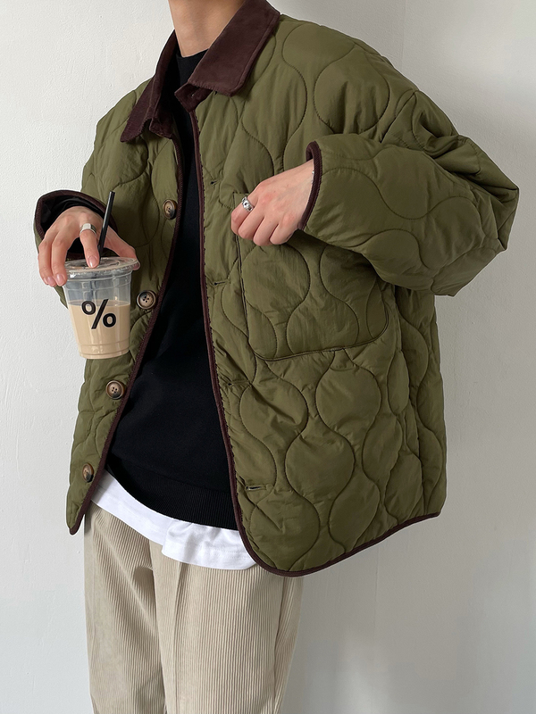 2026 Winter Korean Style Lazy Retro Color-Block Cotton Jacket Men's Loose Fashionable Quilted Trendy Turn-Down Collar Cotton Coat 2026 Winter Korean Style Lazy Retro Color-Block Cotton Jacket Men's Loose Fashionable Quilted Trendy Turn-Down Collar Cotton Coat