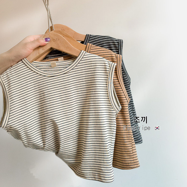 Fall Shoulders Foreign Striped Vest 2022 Summer new children loose round collar 100 hitch baby full cotton thin Machia tide